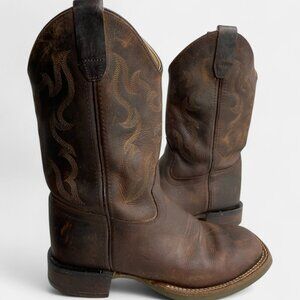 Old West Youth Boys Size 3 D Brown Leather Western Boots Cowboy Square Toe